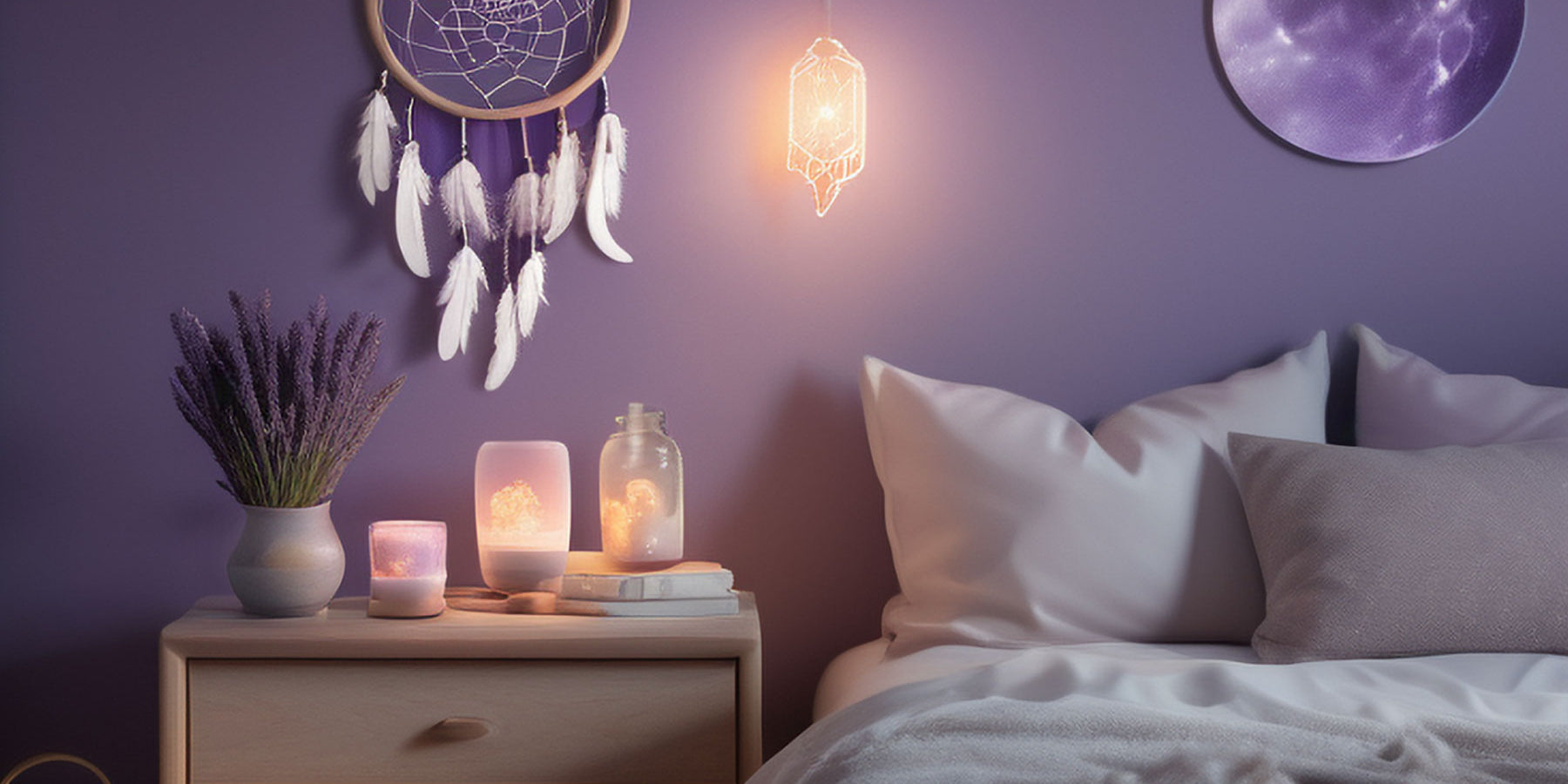 A moonlit bedroom, with soothing elements like lavender and a salt lamp.