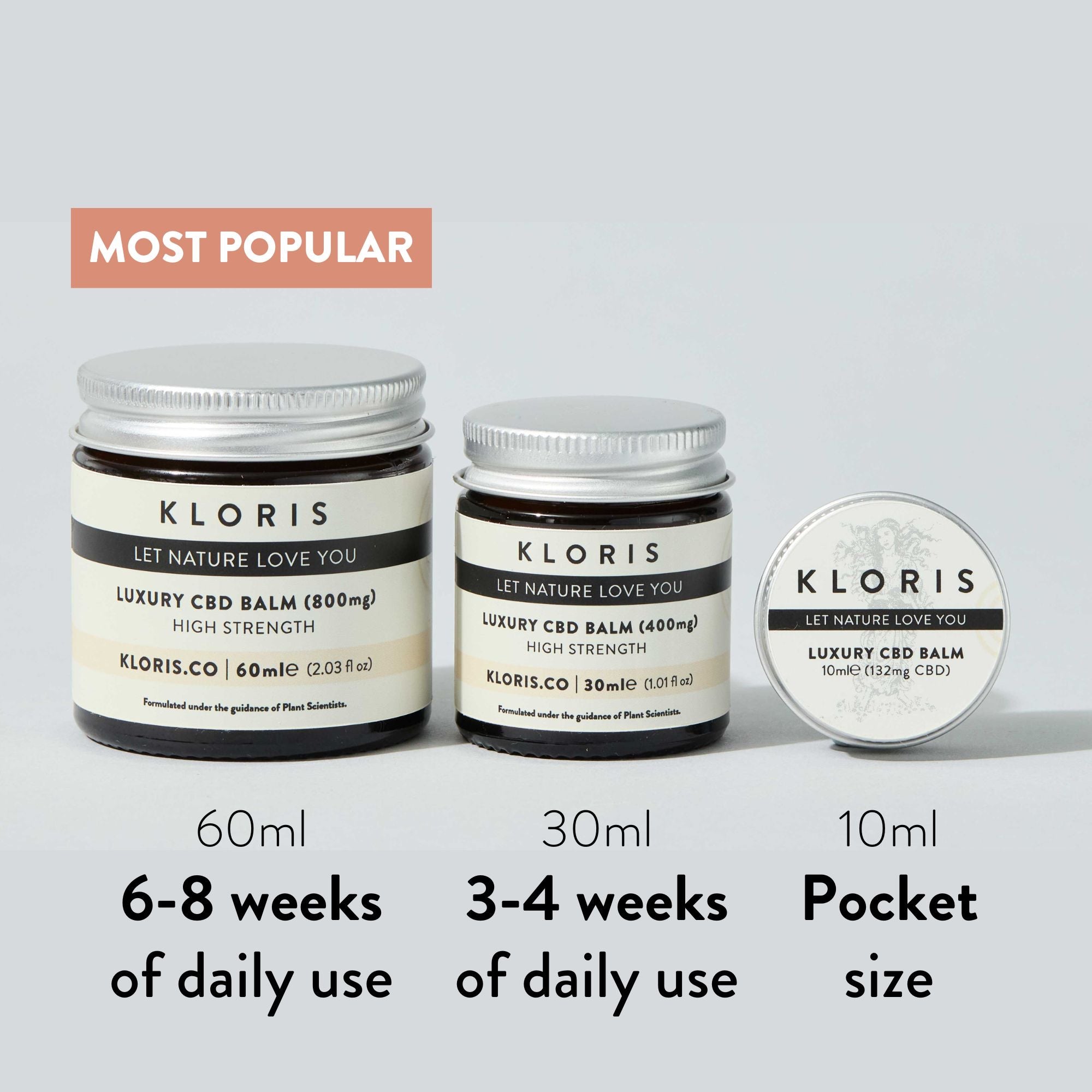 Three jars of KLORIS CBD balm with different sizes and usage durations on a light gray background.