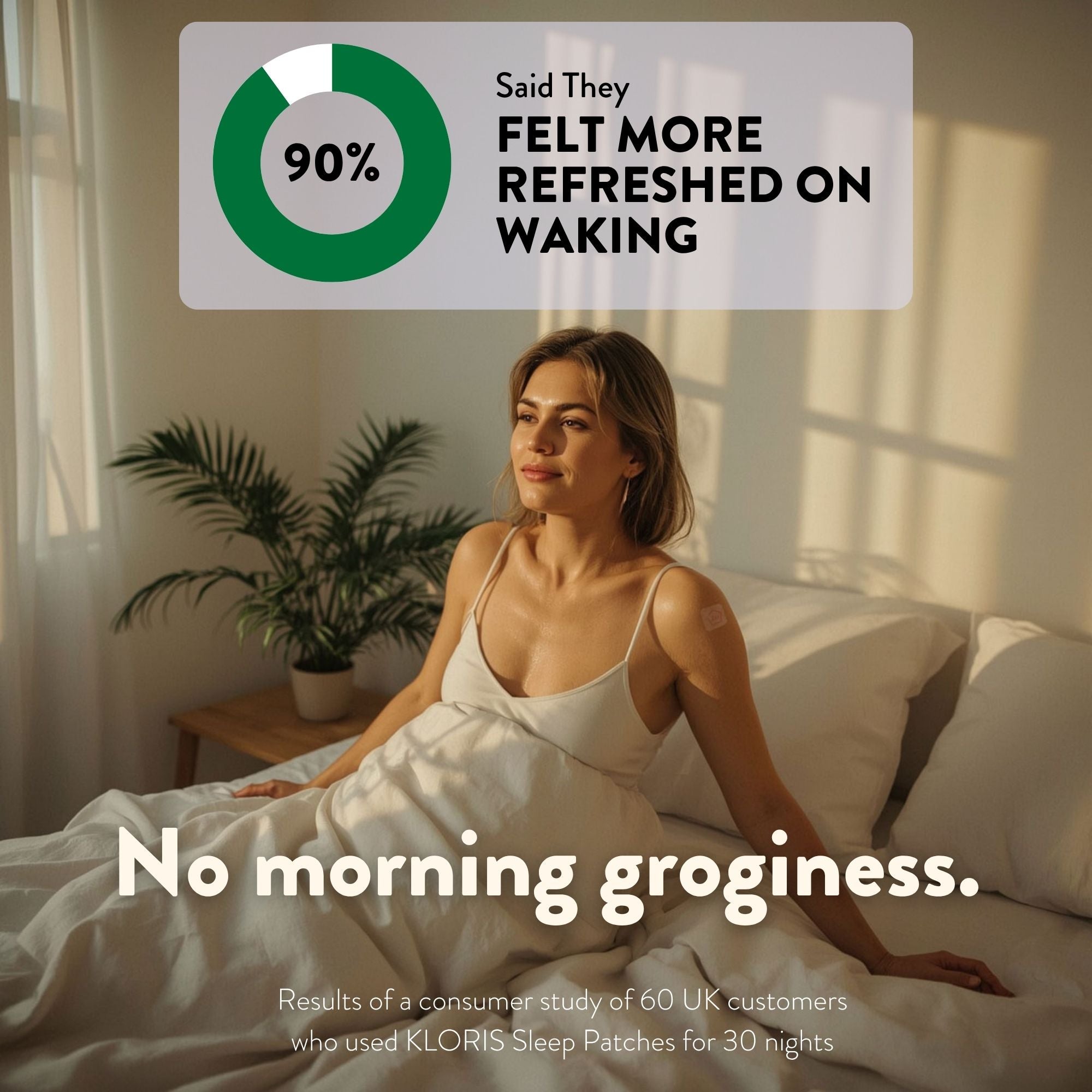 Woman in bed with text about feeling refreshed on waking and no morning groginess when using kloris sleep patches