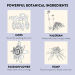 Illustrations of hops, valerian, passionflower, and hemp with their benefits on a light purple background.