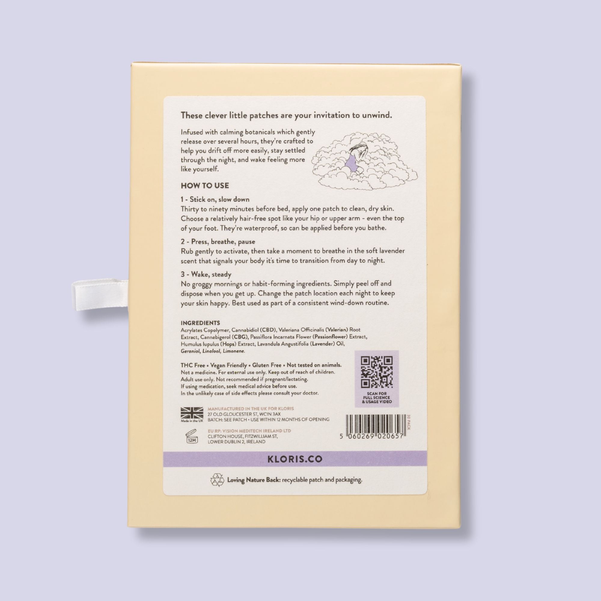 Back of Kloris sleep patch packaging with text and QR code on a light purple background