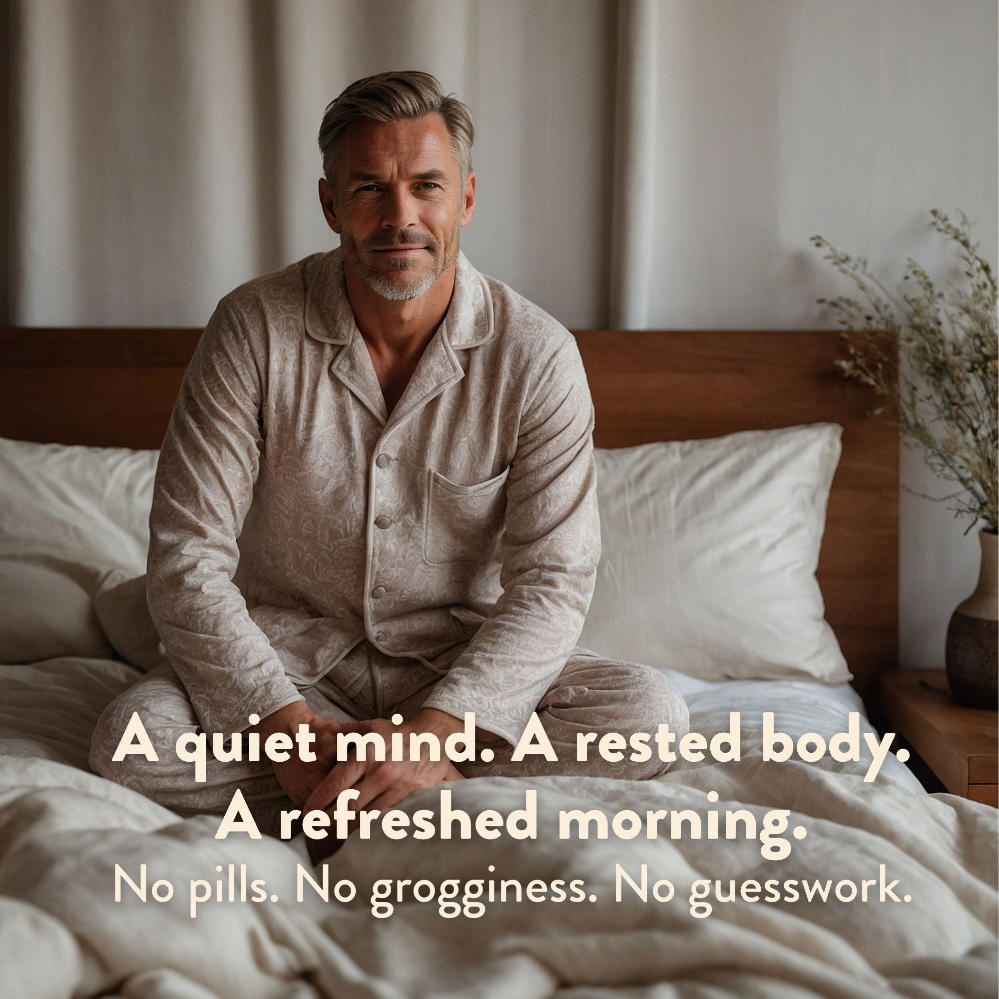Man sitting on a bed wearing pajamas with a quote about a quiet mind and refreshed morning.