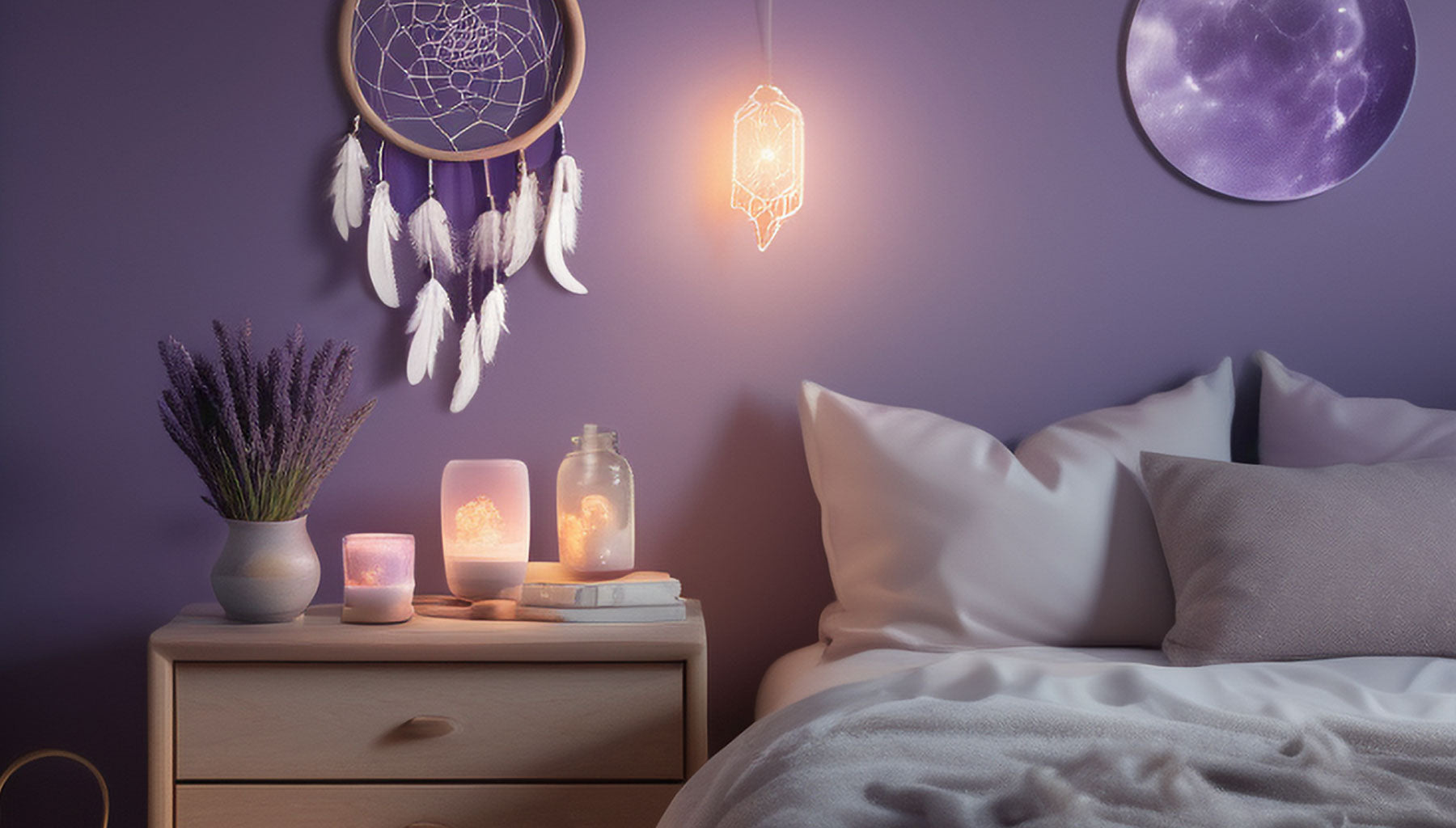 A moonlit bedroom, with soothing elements like lavender and a salt lamp.