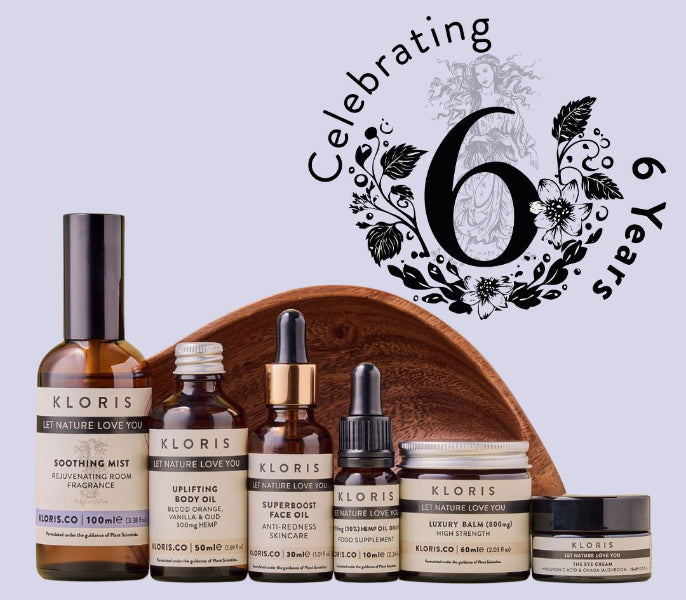 Kloris skincare products with a decorative '6 Years' logo on a light purple background