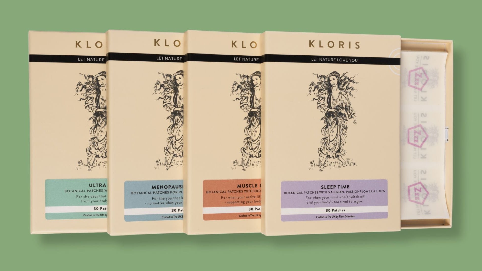 Set of Kloris dermal patches on a green background