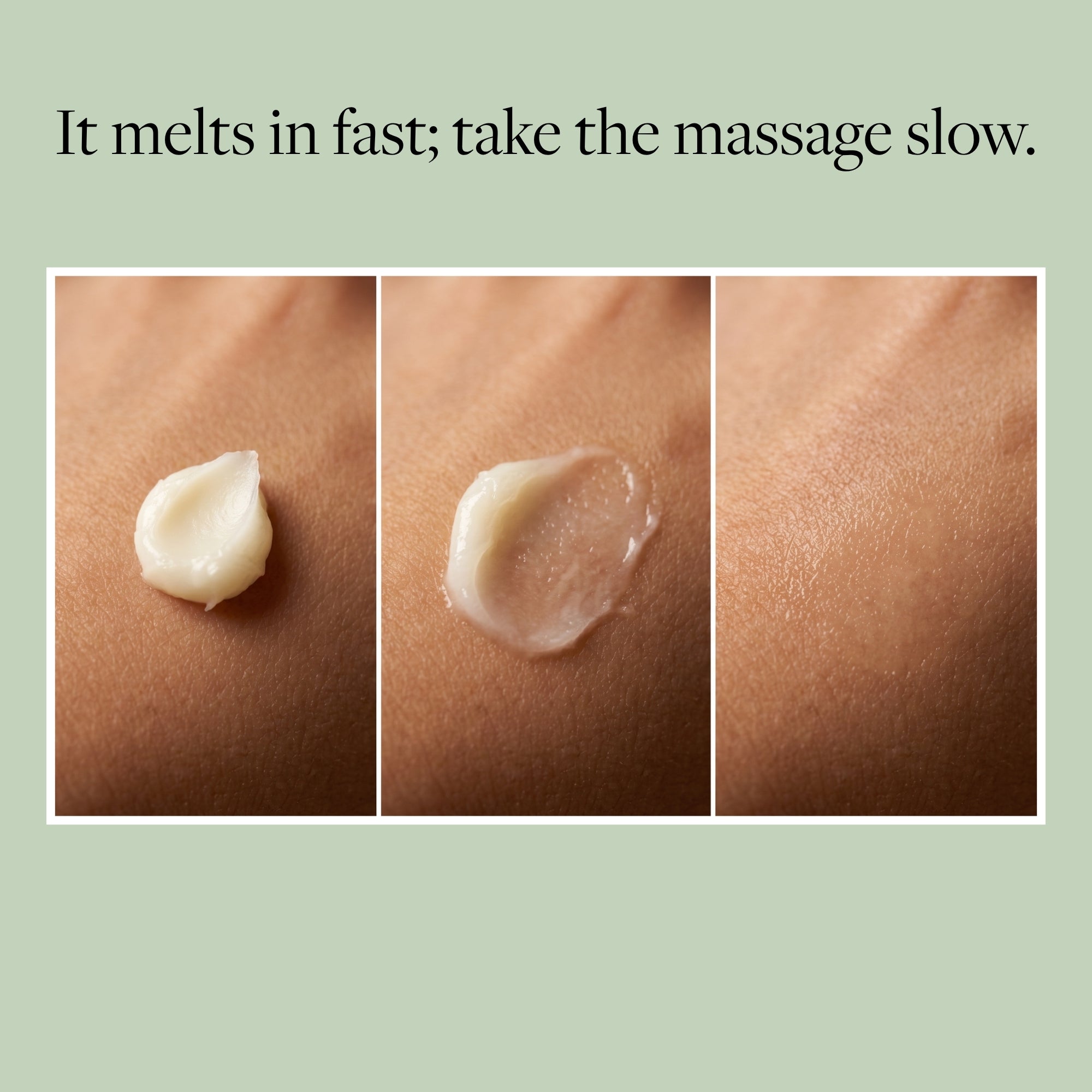 Three-panel close-up showing Kloris rapid comfort balm product being absorbed on skin, with text above reading 'It melts in fast; take the massage slow.'.