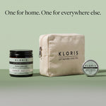 Kloris Rapid Comfort Botanical Recovery Balm shown with branded packaging on a pale green background: a black jar, a beige canvas zip pouch, and a round silver tin.